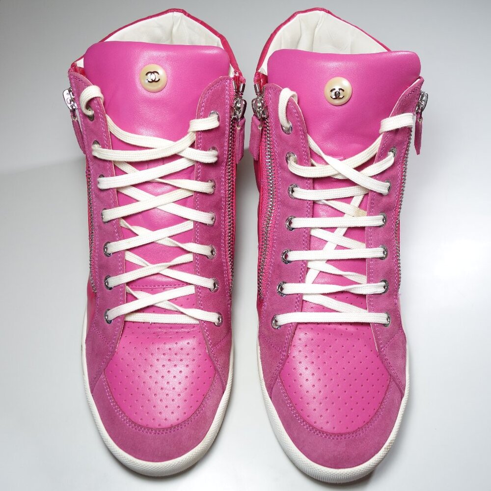 Chanel Leather & Nylon Hi-Top Double Zip Sneakers w/ CC Pearl Accent, Size 11